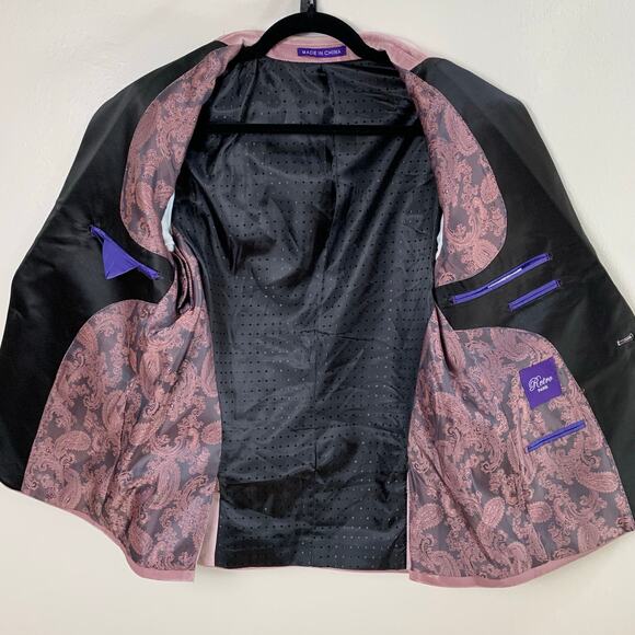 Retro Paris Velvet Blazer Pink Blush Black Satin Lapel Slim Fit 38S Formal - Picture 8 of 10